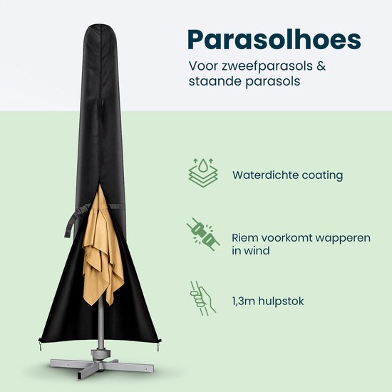 Zwarte parasolhoes voor zweef- en staande parasols, met ritssluiting en verstelbare riemen.
