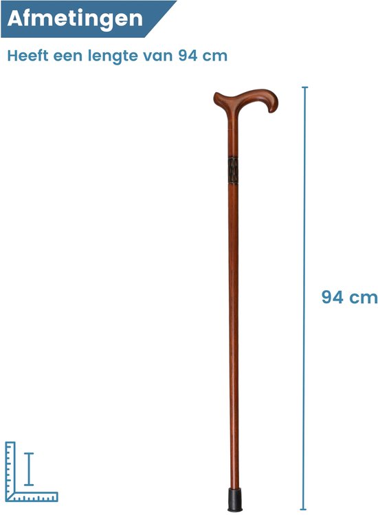 Houten wandelstok met een lengte van 94 cm en een gebogen handvat.