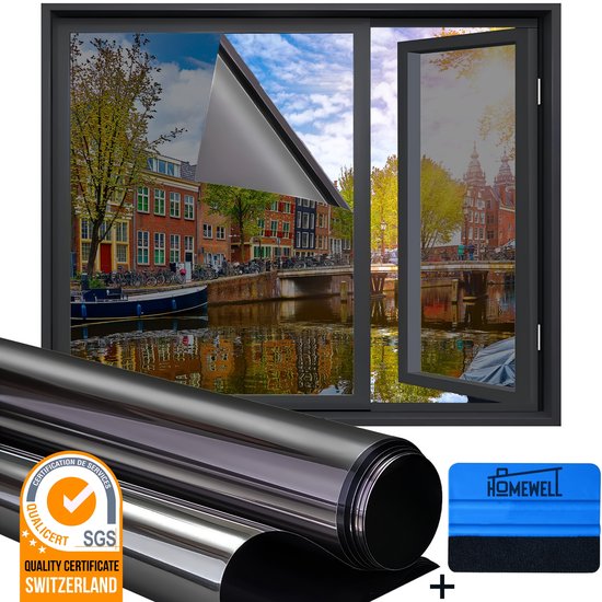 Homewell Isolerende HR Raamfolie 120x300cm - Statisch Zonwerende folie met Spiegeleffect - Zwart