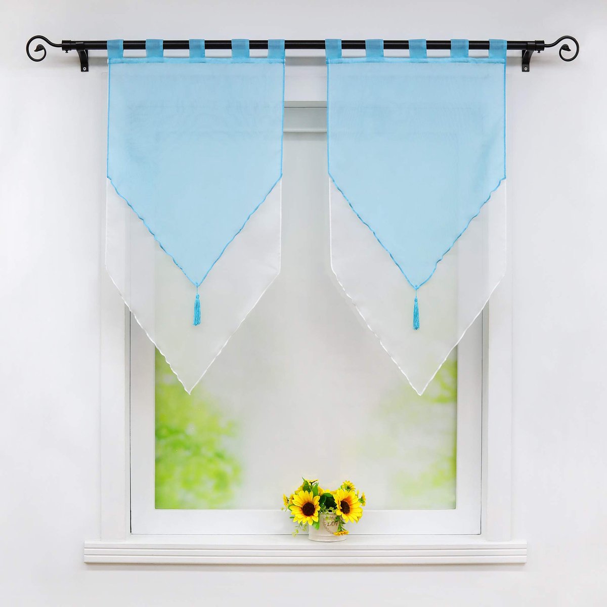 Ibenzoa Vrolijke Tweekleurige Korte Voilegordijnen met Kwastjes en Lussen – Set van 2, 60x90 cm blauw wit