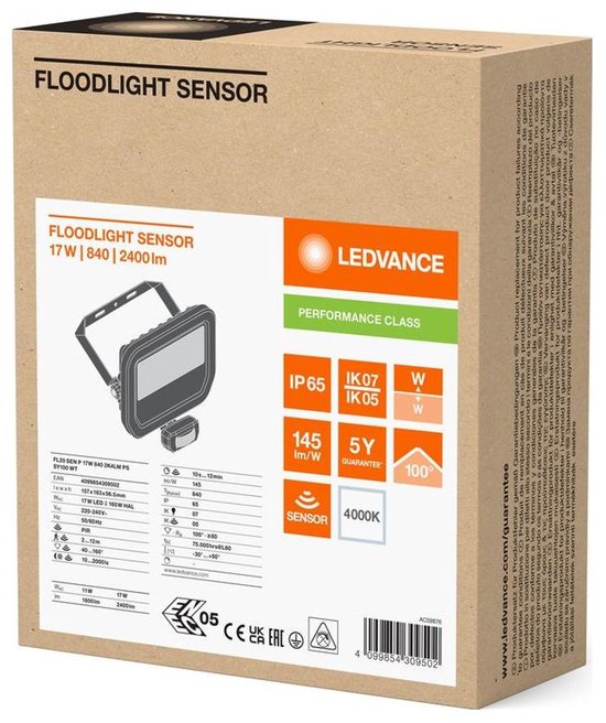 Ledvance LED Ledvance Aluminium Wit 17W 2400lm 100D - 840 Wit Froid | IP65 - Capteur de mouvement et de lumière - Symétrique
