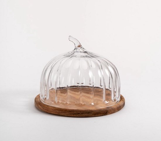 Acacia Glazen Taartstolp met Houten Plateau