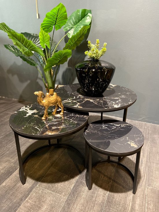 Ronde Marmeren Top Nesttafels Set van 2 met Gouden Metalen Basis Elegante Stapelbare Salontafel Bureau voor Hoogwaardige Woonkamer Meubels