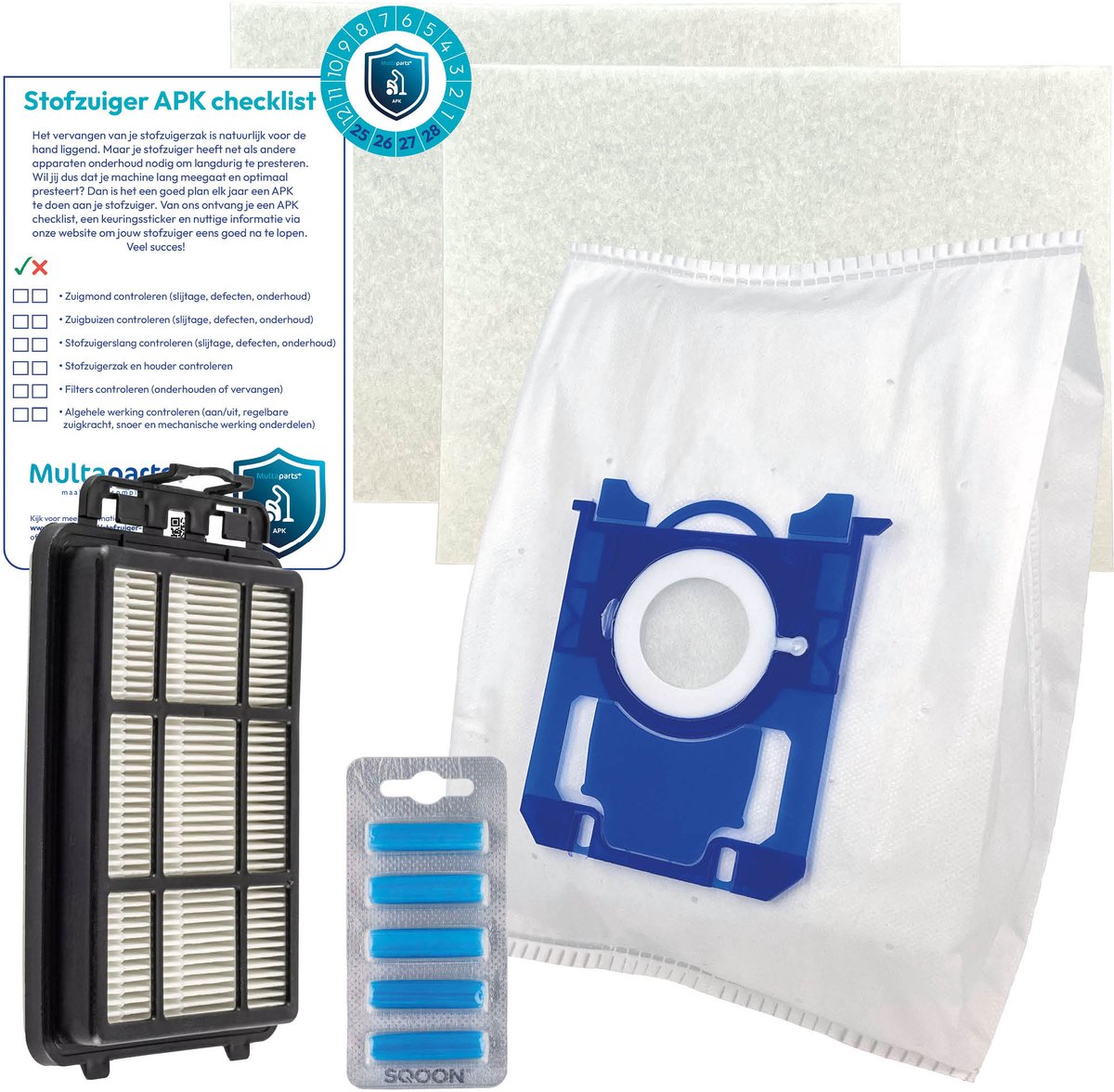 Multaparts stofzuiger-APK set geschikt voor Electrolux EB31 / EB51 / EEG4 serie | Complete onderhoudsset met stofzuigerzakken type S-BAG (10 x), motorfilter (2 x), HEPA filter, geursticks (5 x) APK-checklist & APK-sticker | Stofzuiger als nieuw