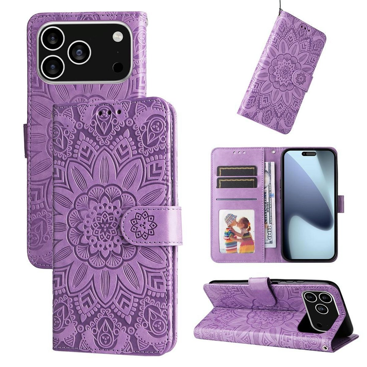 Mobigear Telefoonhoesje geschikt voor Apple iPhone 17 Pro Hoesje | Mobigear Sunflower Bookcase Portemonnee | Pasjeshouder voor 3 Pasjes | Telefoonhoesje voor Pinpas / OV Kaart / Rijbewijs - Paars