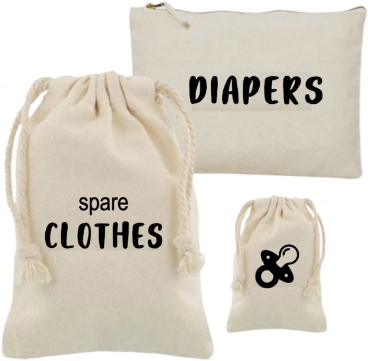 Image of 3-piece set | Spare clothes | Diapers | Pacifier | Storage bags | To store | Daycare | To take along | Organize | Baby | Newborn | Diaper pouch | Soother | Cotton bag | Storage bag | Cotton bag | Storage case | Organizer