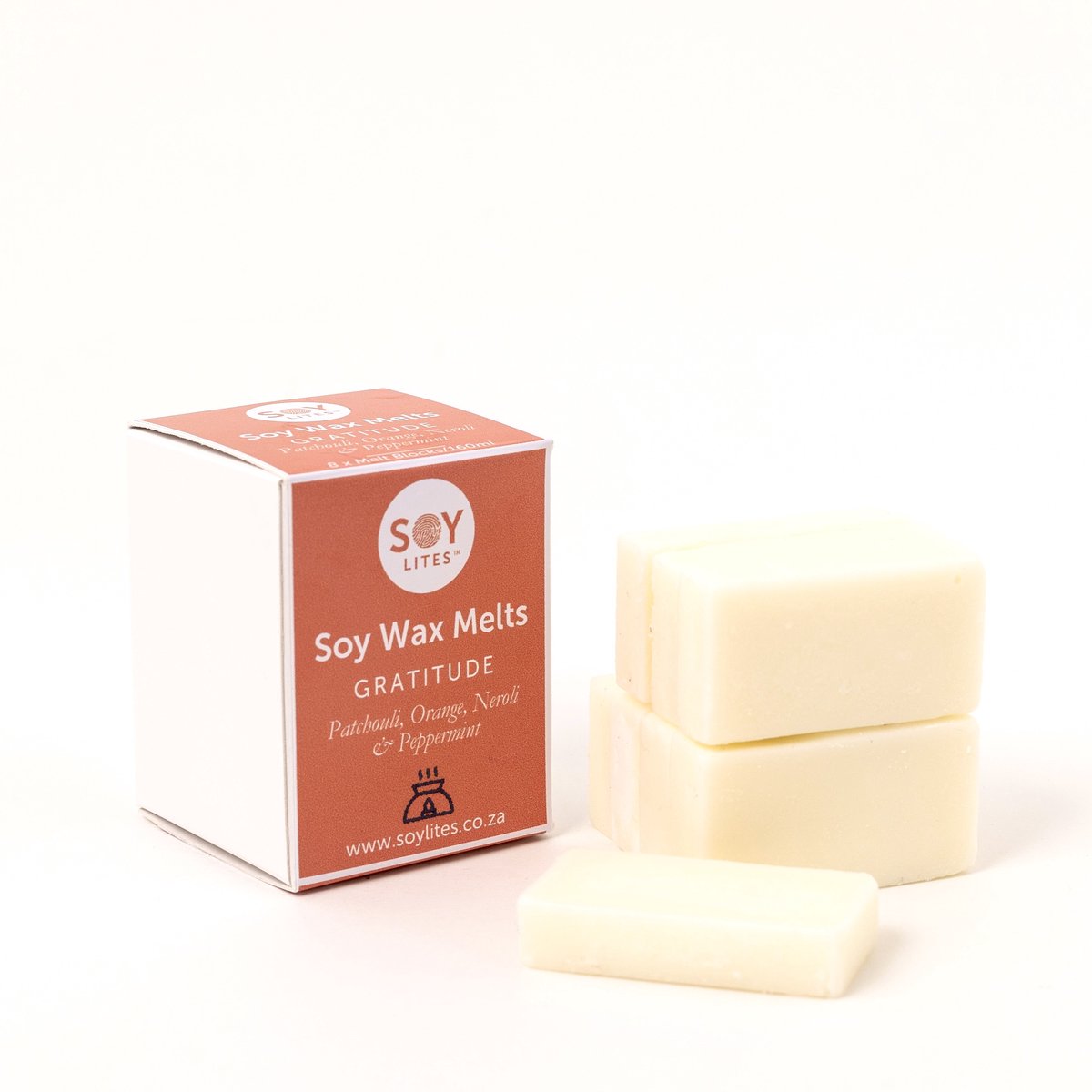 SoyLites, Gratitude; Patchouli, Oudh, Neroli & Peppermint. 100% natuurlijke waxmelts. Sojawas met essentiele olie. 80 uur