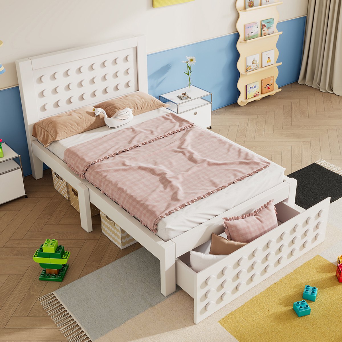 Pugsdrly Houten eenpersoonsbed 90 x 200 cm, kinder-/tienerbed met creatief blokdesign, massief houten frame met lattenbodem, laden en opbergruimte onder het bed, wit, zonder matras