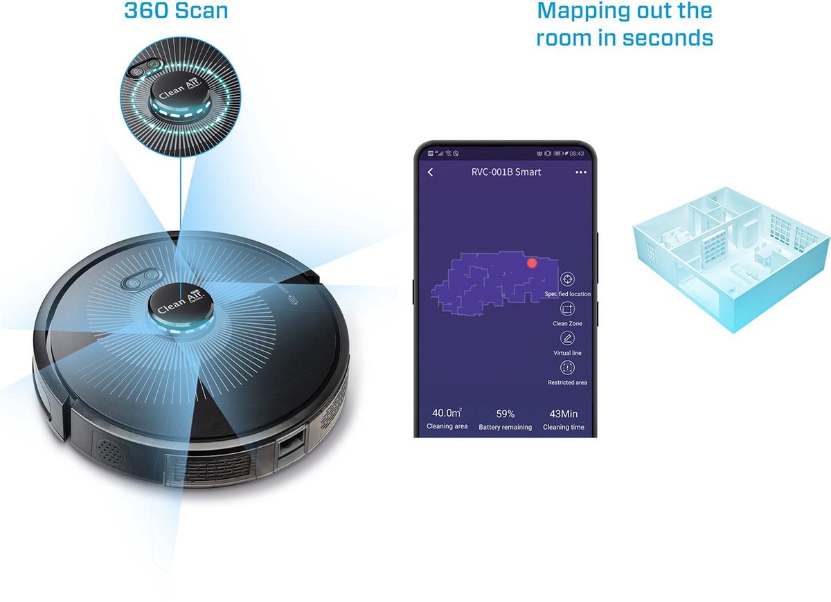 Afbeelding 3 van Clean Air Optima® RVC-002B Smart - Robotstofzuiger met dweilfunctie en UV-C sterilisatie en zelf-leeg-station - Slimme 360° LiDAR-scan voor nauwkeurige mapping - Precisie Hoek Reiniging - Meubelbeschermings technologie
