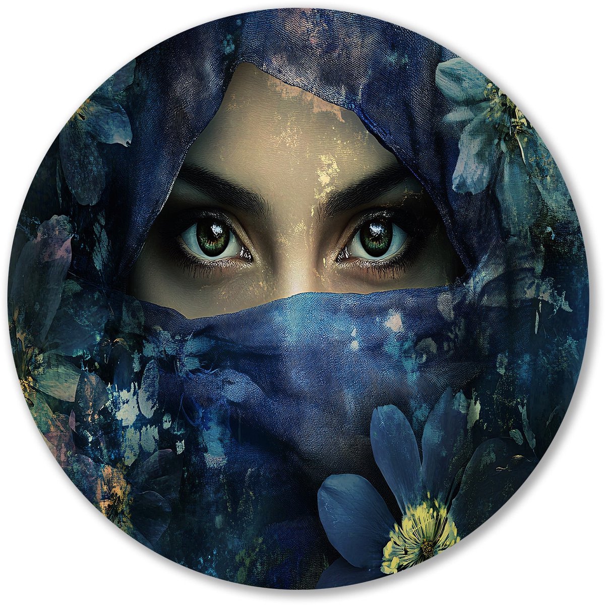 Vrouw met blauwe bloemen sluier - Mysterie muurcirkel - Wandschalen ogen - Surrealisme - Unieke Forex muurcirkels - Rustieke muurdecoratie - muurcirkel forex 60x60 cm