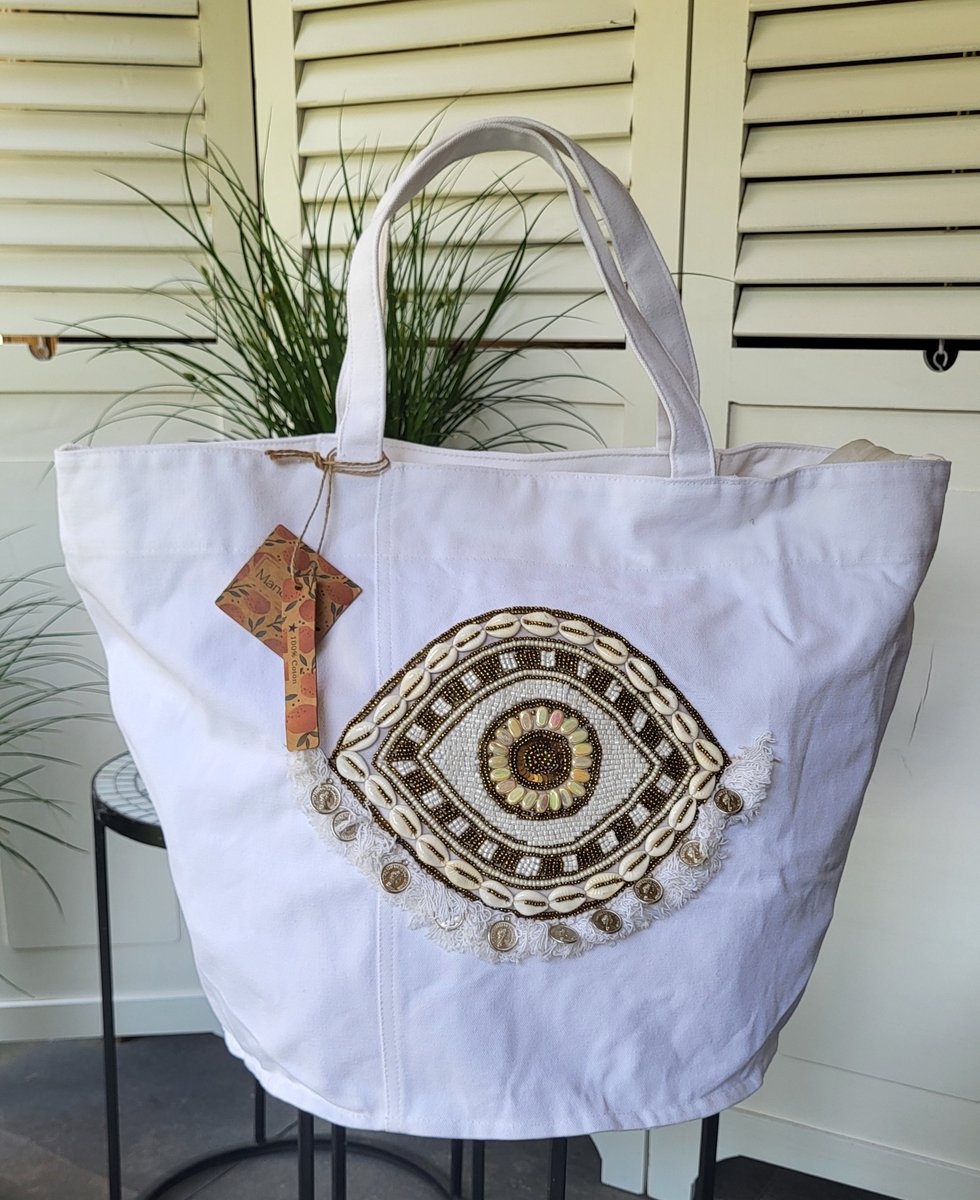 Mix en Match - Strandtas- XL - Shopper - Bohemian - Ibiza stijl - Crème - 60x39x20cm
