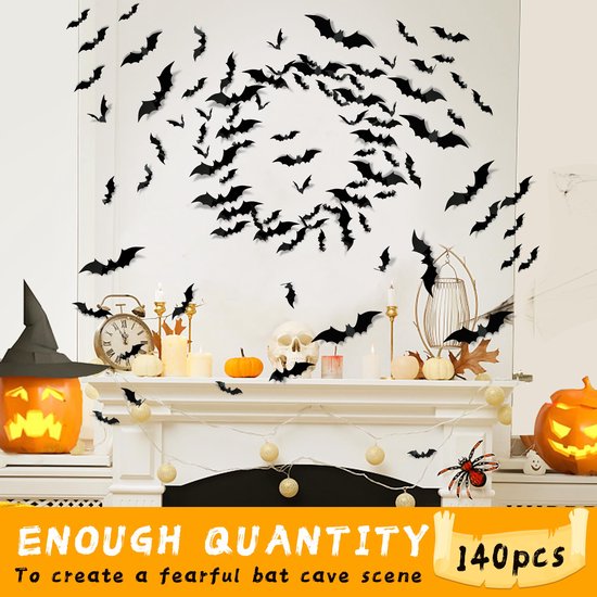 Décoration de manteau de cheminée avec 140 autocollants chauve-souris noirs formant un cercle, avec des citrouilles et un crâne.