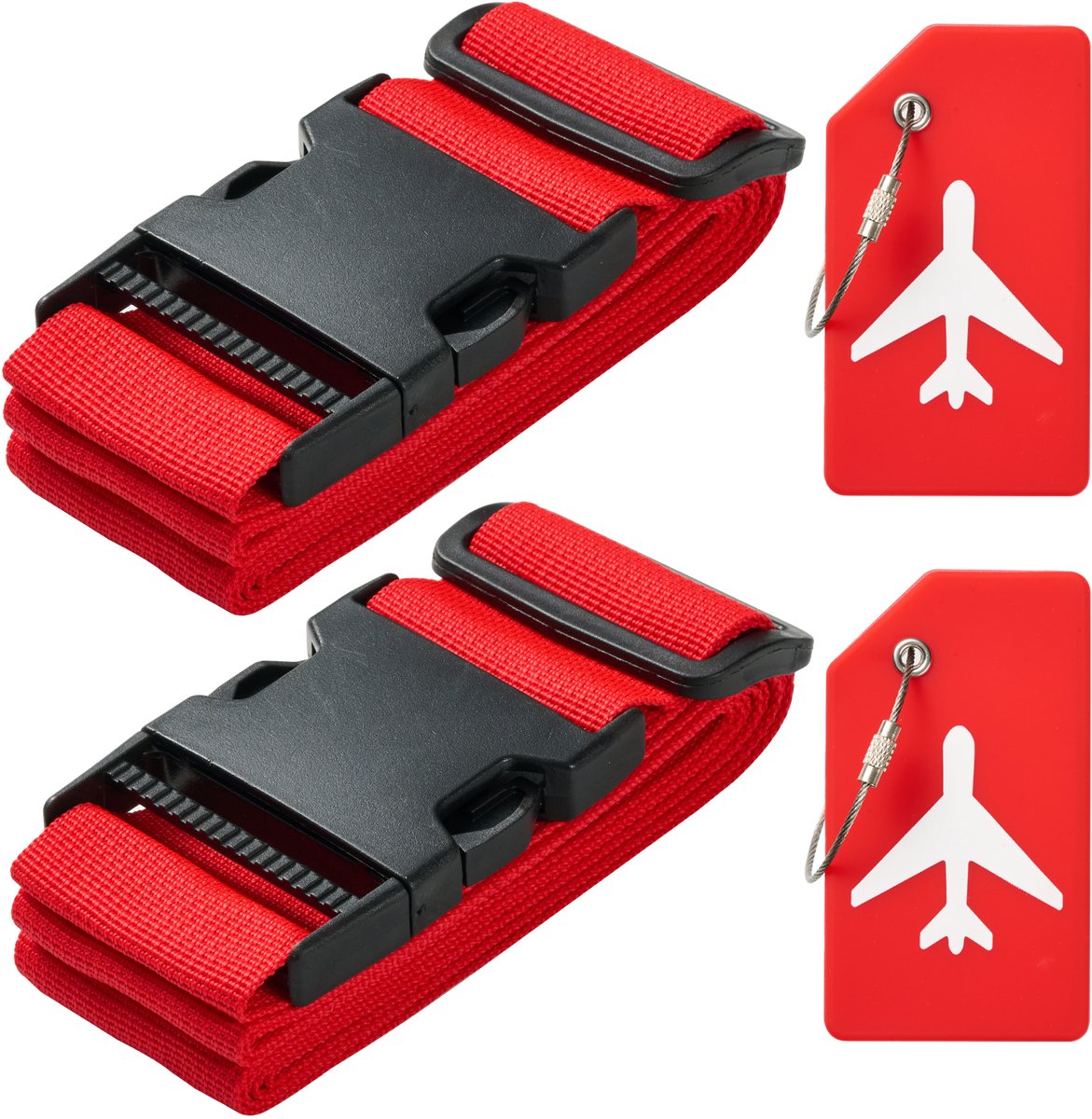 Bol.com YONO Kofferriem met Kofferlabel - 2 Kofferband en 2 Bagagelabel - Dubbele Bagage Riem Verstelbaar - 4 Pack - Rood aanbieding