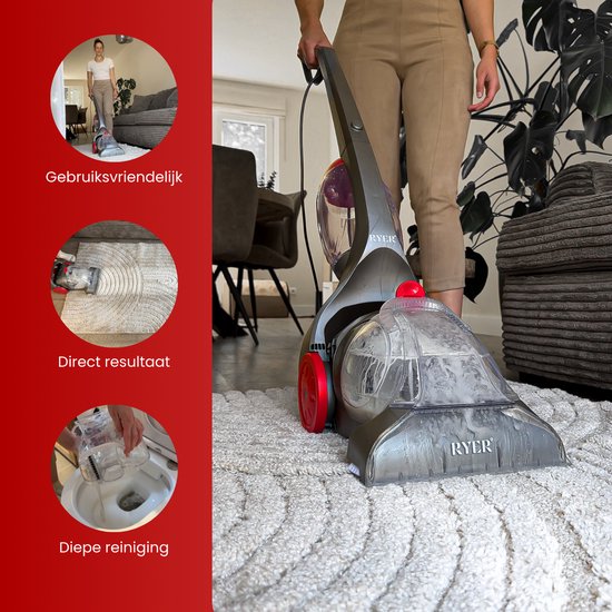 Grijze tapijtreiniger met rode wielen op een wit vloerkleed, met voorbeelden van gebruik.