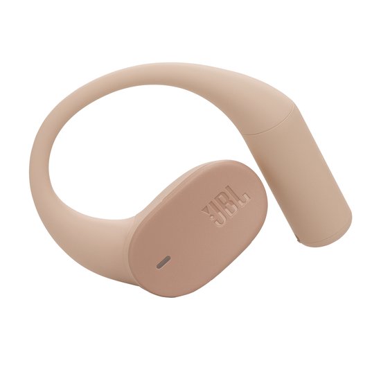 Beige JBL oordopje met oorhaak en JBL logo.