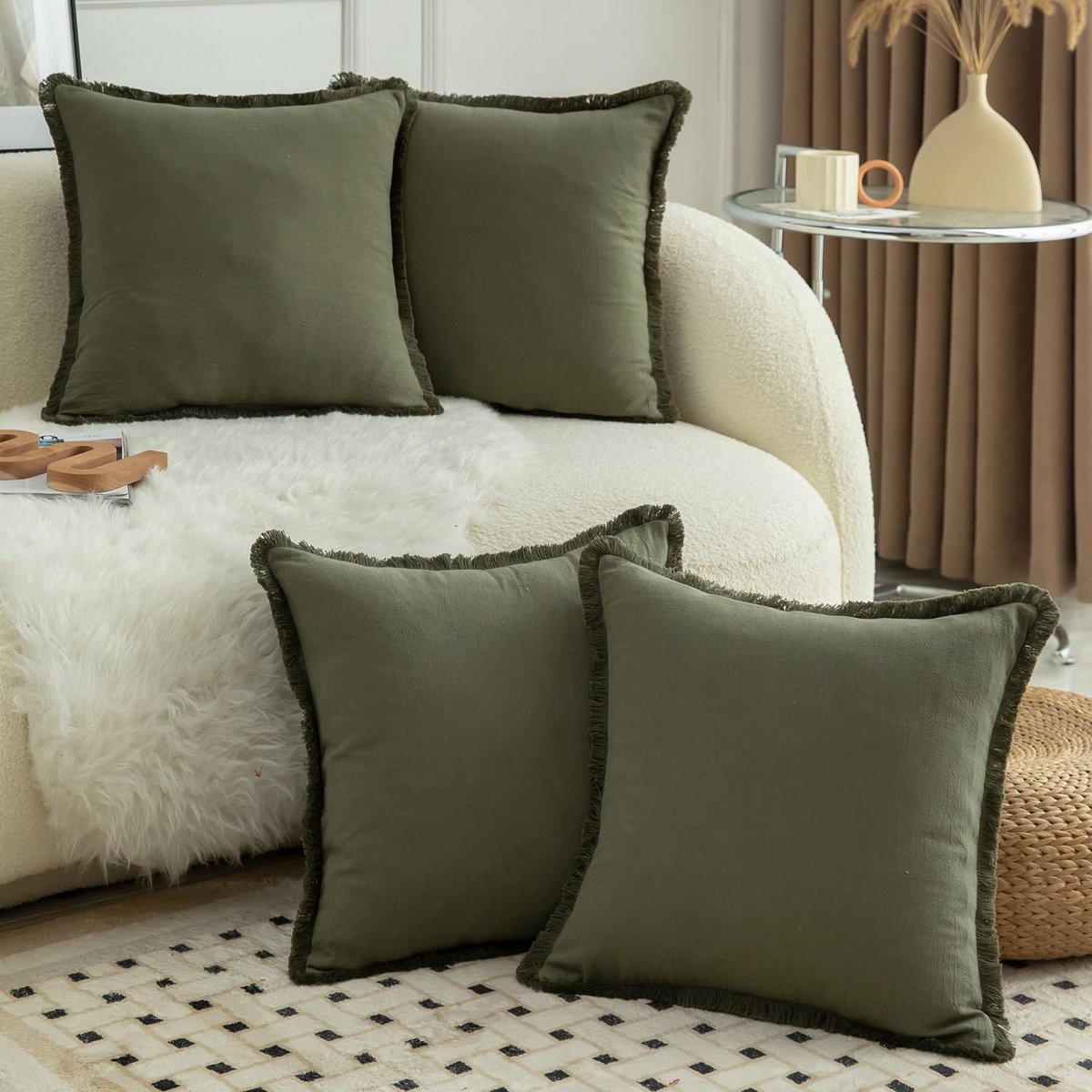 Ibenzoa Set van 4 Olijfgroene Katoenen Kussenhoezen – 45x45cm, Boho Stijl
