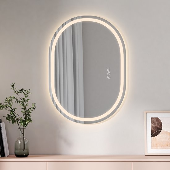 Miroir EMKE avec Siècle des Lumières - Ovale - Tactile et dimmable - 3 couleurs de lumière - Miroir de douche anti-condensation - 80 x 60 cm