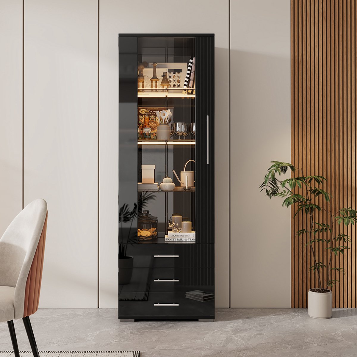 Pugsdrly Hoogglans zwarte vitrinekast, vitrinekast van glas, vitrinekast op sokkel met LED-verlichting, verticale vitrinekast met 3 laden, 60*35*180 cm