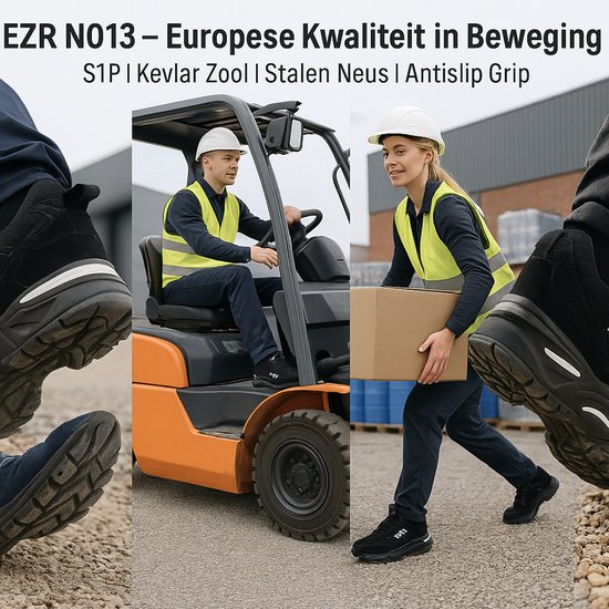 Verschillende werkscènes met de EZR N013 werkschoenen: zwart suède, reflecterende details, S1P.