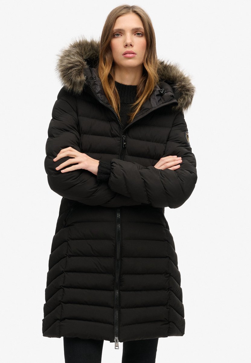 Superdry Halflange Fuji-pufferjas met capuchon met imitatiebont Dames Gewatteerde jassen Zwart