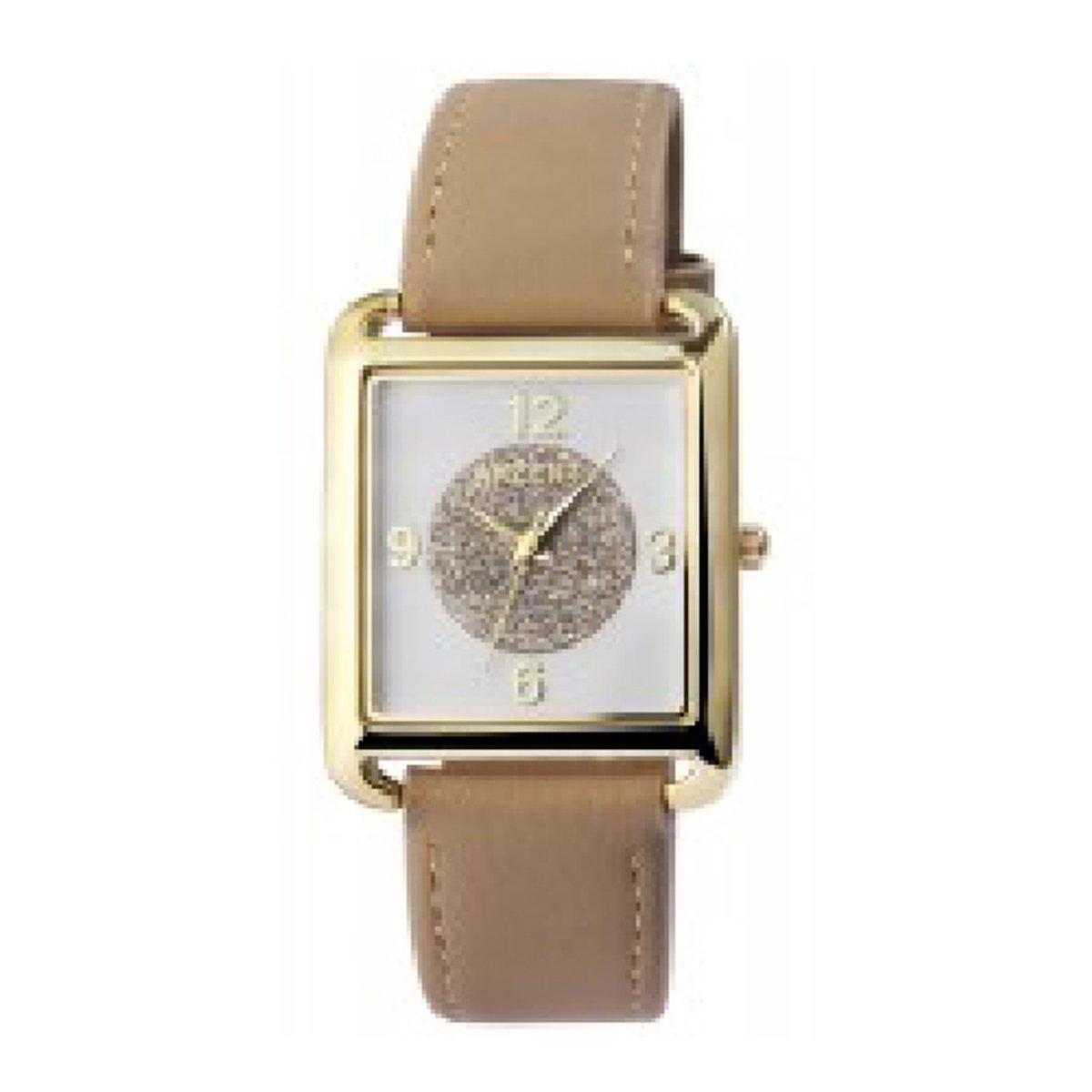 Akzent-dameshorloge-model 1900248-004-goudkleurig-vierkant-taupe kleurige band-3 atm waterdicht-afmeting 31 x 39 mm