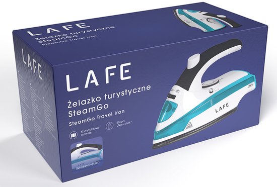 Doos voor Lafe SteamGo reisstrijkijzer, met afbeelding van het witte, turquoise en zwarte strijkijzer.