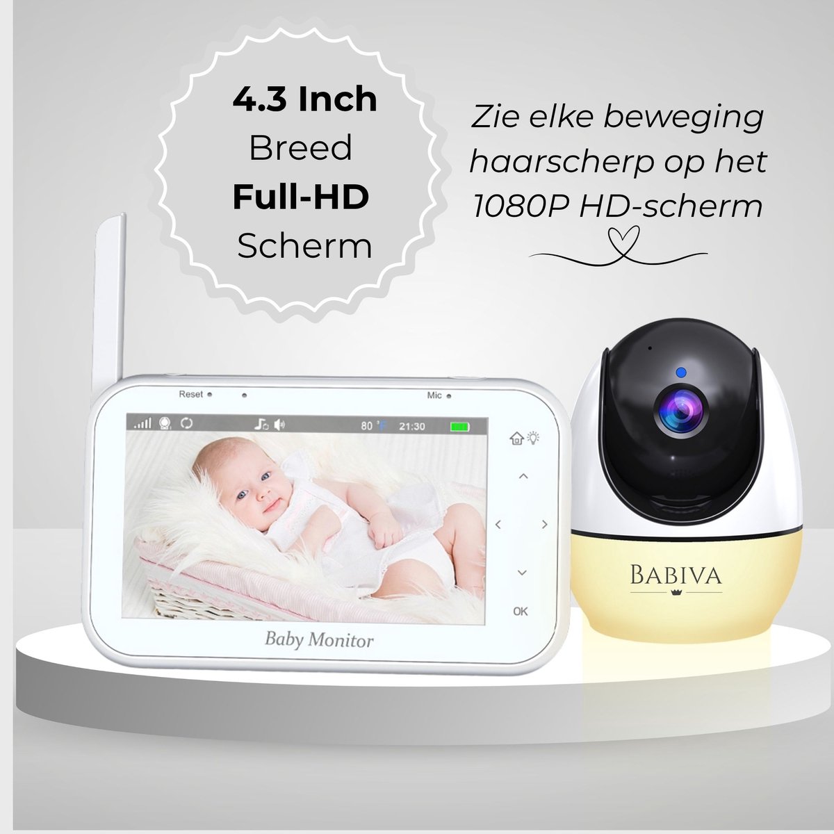 Afbeelding 2 van BABIVA® Premium Babyfoon met Camera - Full HD - 32 GB Video Opname Zonder SD kaart of Cloud - Baby Monitor - Baby Camera - Tot 4 Camera's - Groot Scherm - Met Nachtlamp Functie - 360° Draaibaar - Bestverkocht - Zacht Lich -4.3 inch Grote Scherm