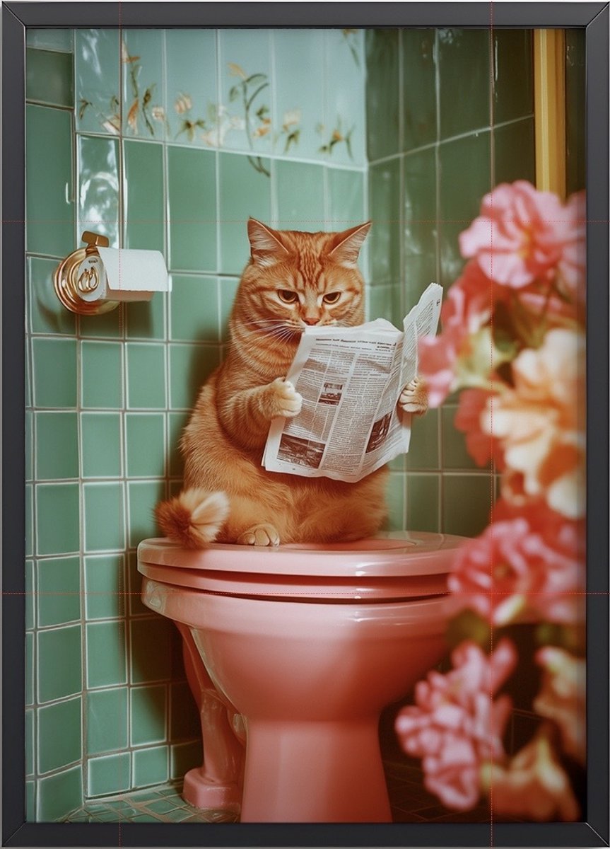 Kat op WC Leest Krant Poster Met Lijst – 30x45 cm met Lijst | Ultra Realistische Wanddecoratie voor Toilet of Badkamer – Grappige Kunst met Humor