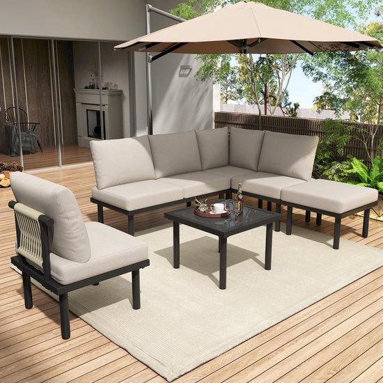 Loungestoelenset set van 6 - tuinmeubelset van touw - beige gevlochten touw - verstelbare poten - glad glazen tafelblad - beige
