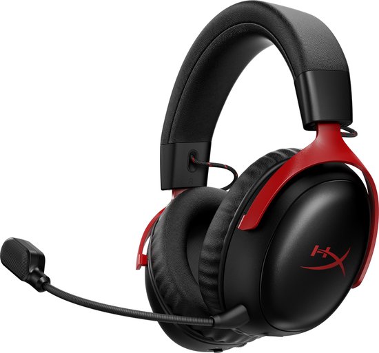 Zwarte gaming headset met rode accenten, microfoon en HyperX logo.