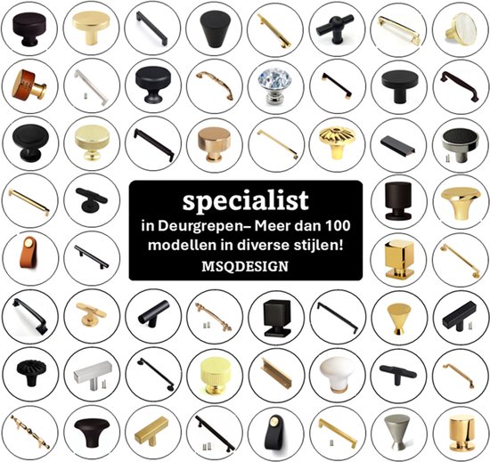 Collage van diverse zwarte, gouden en zilveren handgrepen en knoppen in verschillende stijlen.