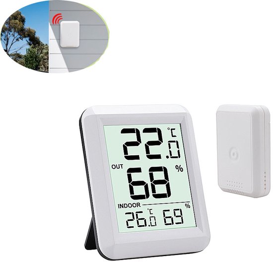 hygrometer- Hygrometer Binnen- hygrometer binnen digitaal- Luchtvochtigheidsmeter - Binnen En Buiten-Thermometer & Luchtvochtigheidsmeter-Draadloos Met Buitensensor-Wit-Geen batterijen inbegrepe-hygrometer luchtvochtigheidsmeter