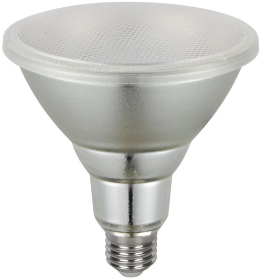 Zilverkleurige PAR38 LED spot met E27 fitting en heldere, gedetailleerde lens.