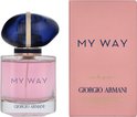 Giorgio Armani My Way parfumfles met blauwe dop en roze doosje ernaast.