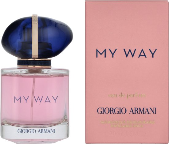 Giorgio Armani My Way parfumfles met blauwe dop en roze doosje ernaast.