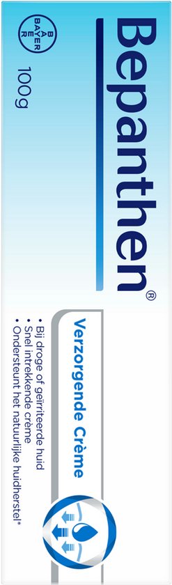 Doos Bepanthen Verzorgende Crème, 100g, wit met blauwe opdruk.