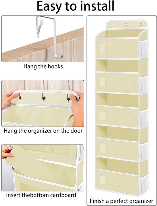 Hangende Organizer Voor Badkamer, Deur, Hangorganizer Met 5 Grote Vakken Met Venster En 2 Metalen Haken Hangrek Voor Kinderkamer Slaapkamer Kantoor Deur Woonkamer Grijs
