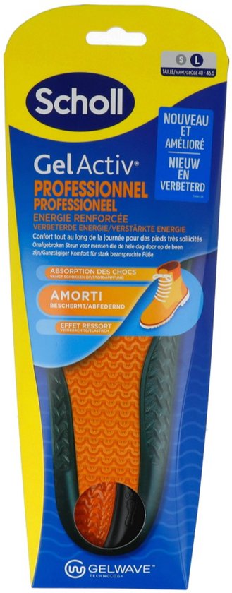 Emballage des semelles Scholl GelActiv Professionnel, avec une image d'une semelle orange à motif quadrillé noir.