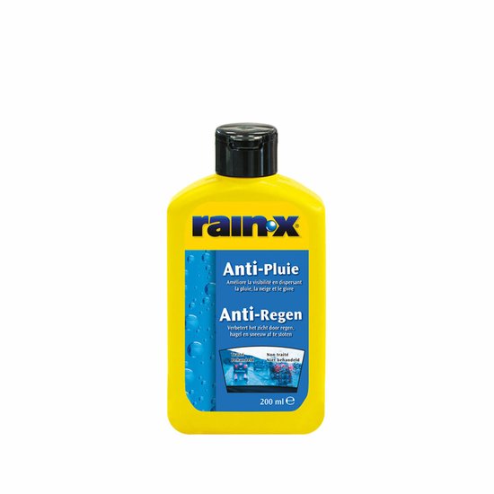 Gele fles Rain-X Anti-Pluie met gele en witte tekst. Links een illustratie van druppels op behandeld en onbehandeld glas.
