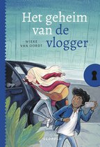 Boekcover met blauwe rand: Joosje met blonde haren en rode jas rent uit een auto, Tibo filmt haar met smartphone. 'Het geheim van de vlogger', Wieke van Oordt, Leopold.