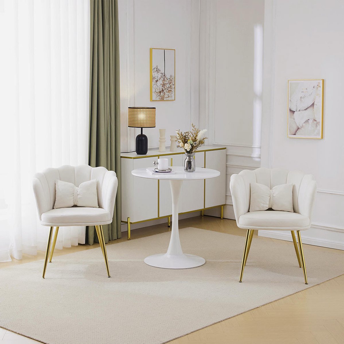 Pugsdrly Set van 2 moderne fluwelen fauteuils, badkamerstoelen, gestoffeerde stoelen met bloembladvormige rugleuning, vergulde metalen poten en vlinderkussens voor de slaapkamer-eetkamer