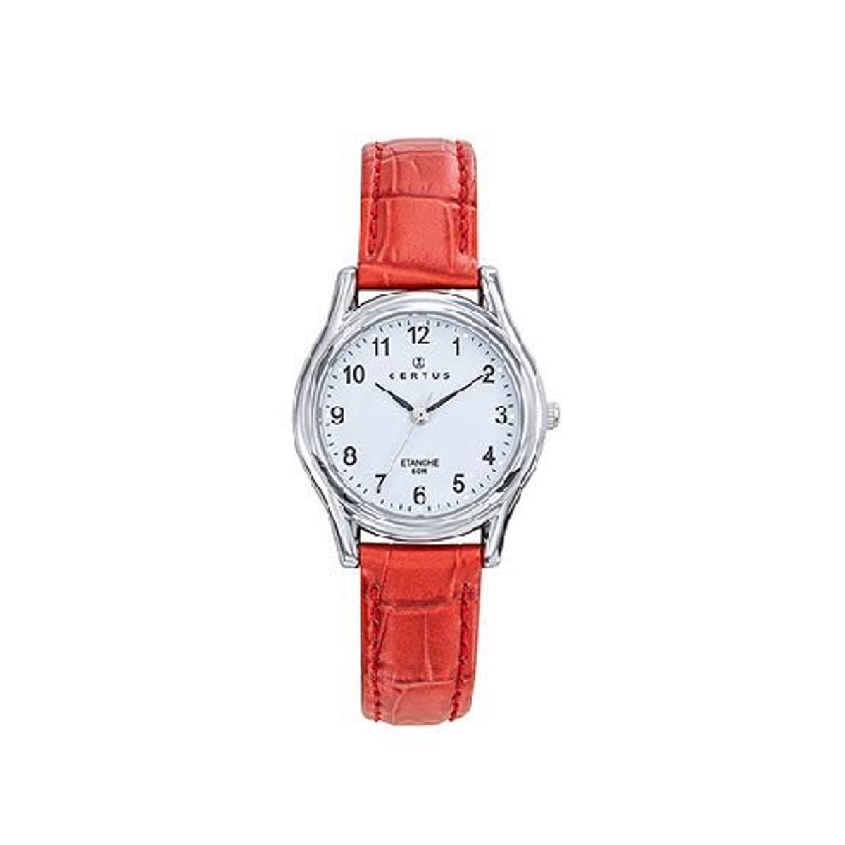 Certus-dameshorloge-model 644558-rood lederen band-duidelijke wijzerplaat-5 atm waterdicht-diameter 28 mm-zilverkleurig-hoog draagcomfort