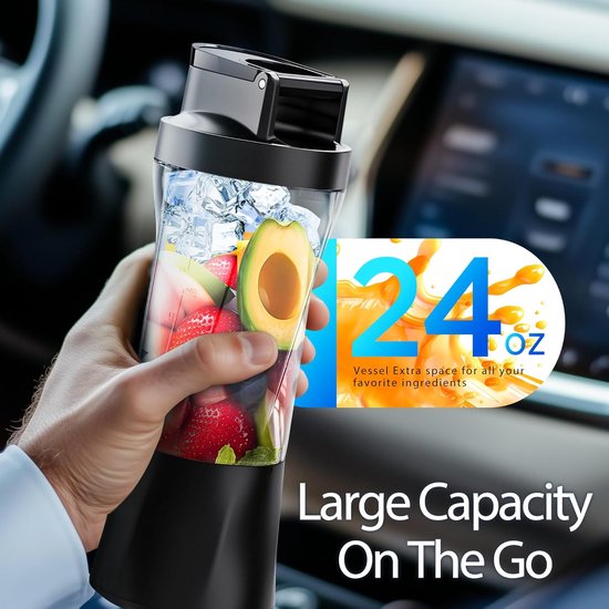 Draagbare blender, draadloos, 24oz. blenderbeker, persoonlijke blender - voor shakes en smoothies, BPA-vrij, lekvrij - deksel en drinktuit, oplaadbaar via USB-C en zelfreinigend - reisblender met 6 scherpe messen, zwart van Merkloos — afbeelding 5