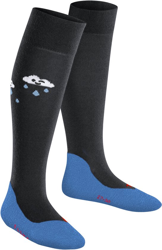 Zwarte kniekousen met blauwe voet en een print van een wolk met regen.