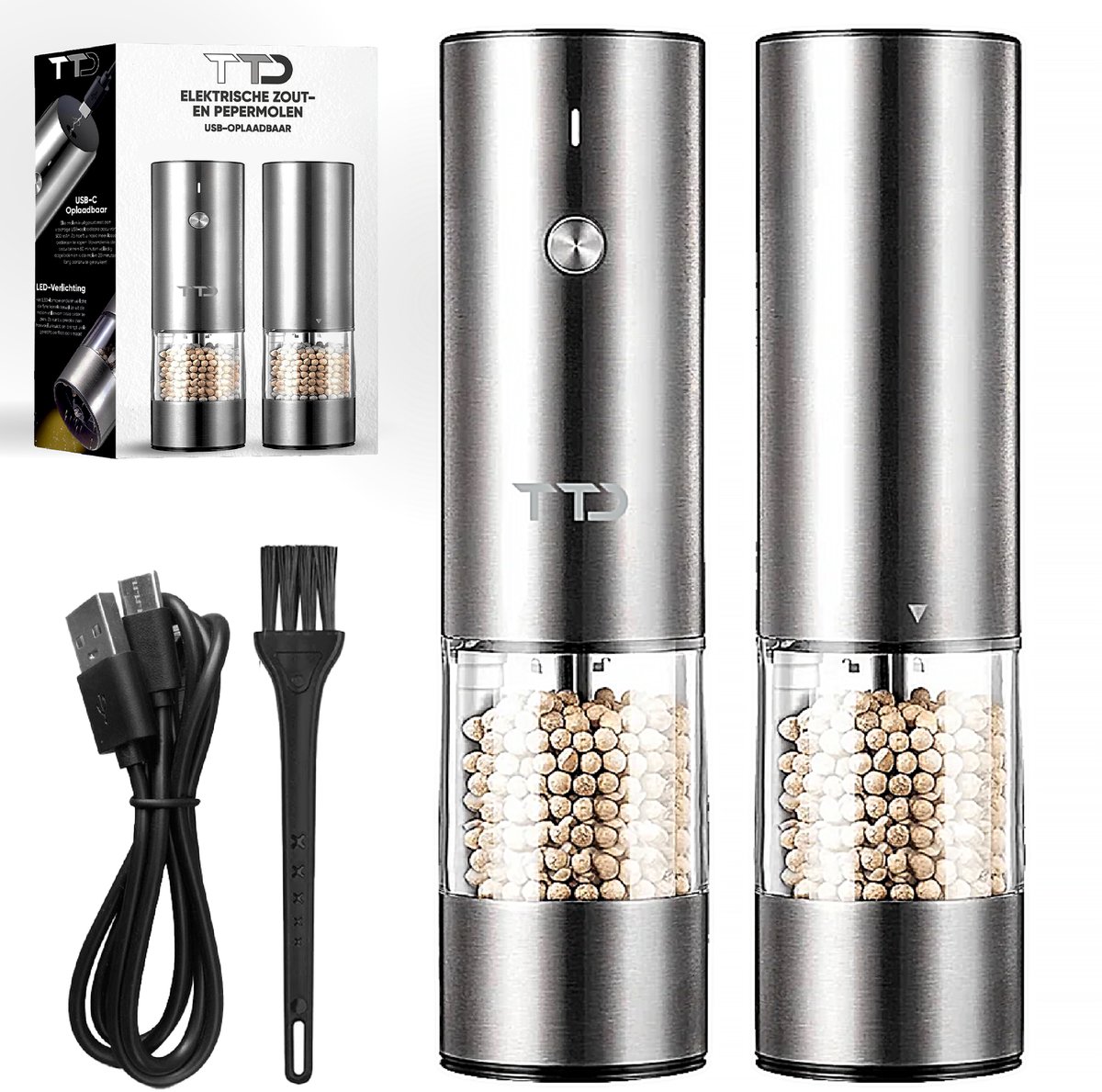 TTD® Premium Zout en Pepermolen Set Elektrisch RVS - 45 ml Capaciteit - USB-oplaadbaar - Peper en Zoutmolen set - Kruidenmolen - Zoutmolen - Pepermolen - Peper en Zoutmolen Oplaadbaar - Verstelbare maalgraad - LED-verlichting - 2 stuks - RVS