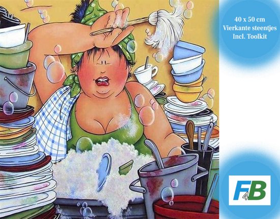 F4B Diamond Painting Dikke Dames in de Keuken – 40x50 cm – Vierkante Steentjes