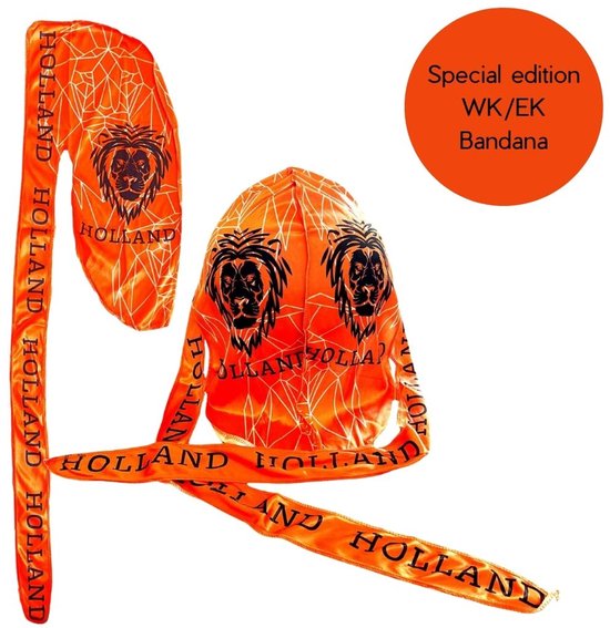 Oranje bandana met leeuwenkop en HOLLAND tekst, met extra informatie "Special edition WK/EK Bandana".
