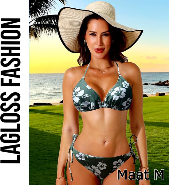 LaGloss® Set bikini sexy à imprimé floral vert – Maillots de bain 2 pièces dos Halter – Élastique et Elegant – Taille M