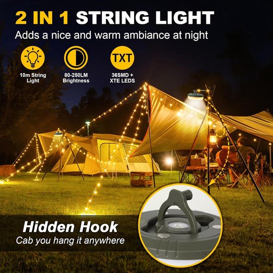 Camping Lichtsnoer 10 Meter - Ambience Strip - IPX4 Waterdicht - Oprolbaar - Oplaadbaar - Warm-Wit - Verlichting Buiten Slinger - Camp Lamp - Camplamp - Kampeerlamp - Lampjes - Lampenslinger - Tentlamp - Campinglamp Oplaadbaar Met USB C - Buiten van Merkloos — afbeelding 5