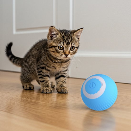 KiddyCat® Automatische Katten Speelbal - Model 2025 – Slim Speelgoed met Sensor – USB Oplaadbaar – Voor Kat & Kitten - Kleur Blauw